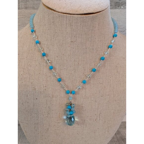 Handmade Blue Beaded Necklace With Crystal Drop Pendant & Lobster Clasp Closure - Picture 1 of 6